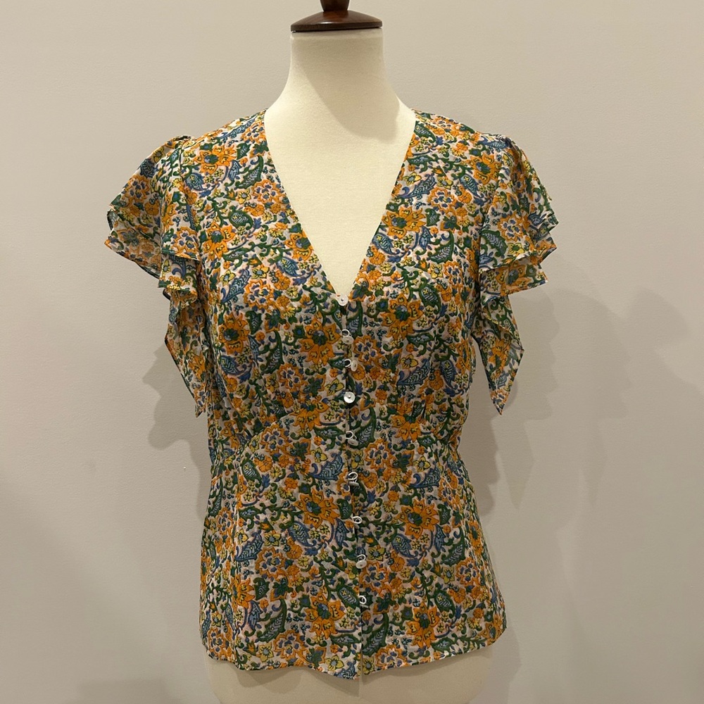 Veronica Beard Floral V-Neck Ruffle Sleeve Blouse